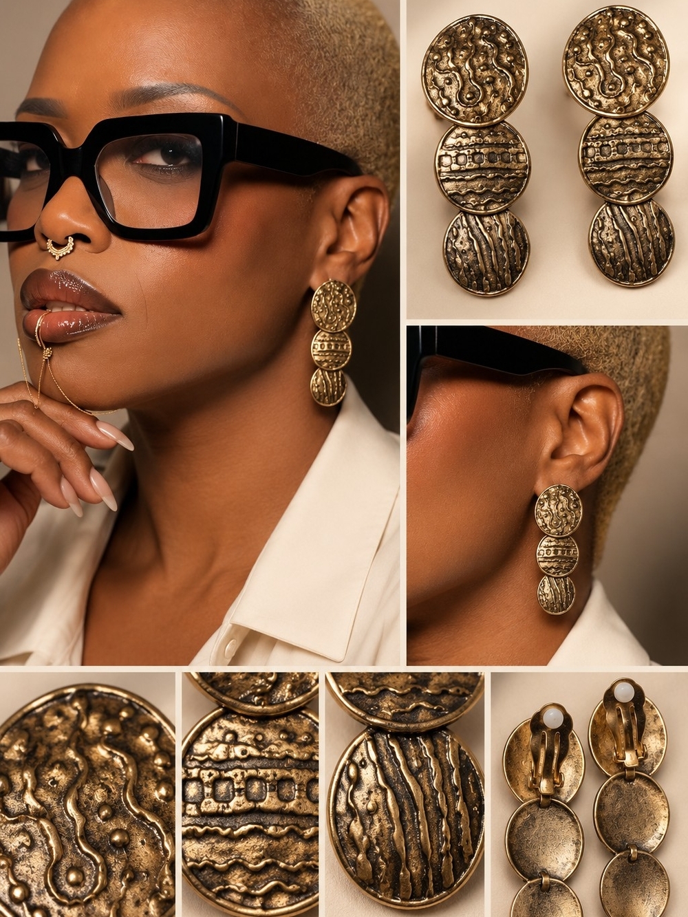 Gold Triple Disc Textured Drop Earrings - Women Jewelry